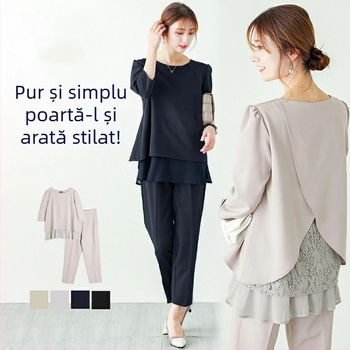 Compleu de damă cu top chiffon în panouri și pantaloni până la gleznă, poliester, mâneci 3/4, stil casual japonez-coreean, primăvara 2023