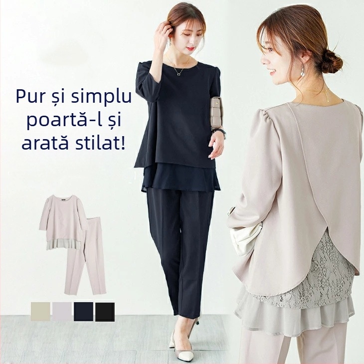 Compleu de damă cu top chiffon în panouri și pantaloni până la gleznă, poliester, mâneci 3/4, stil casual japonez-coreean, primăvara 2023