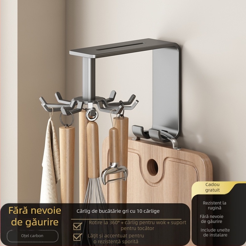 Danle oțel carbon: suport de unelte pentru bucătărie, colț, montaj pe perete, zece gheare, stil modern minimalist, finisaj din plastic pulverizat, greutate aproximativ 0,3 kg