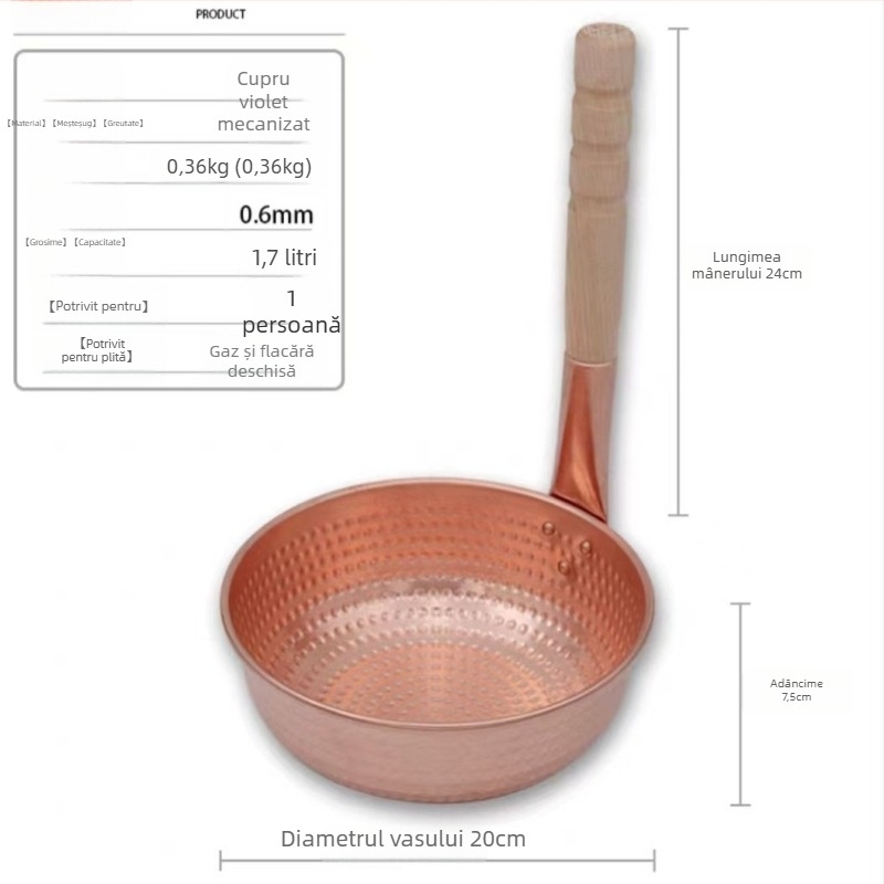Oală din cupru pur pentru tăiței de orez, stil chinezesc, mâner lucrat manual, potrivită pentru plită cu gaz, fierbe și fiarbă încet