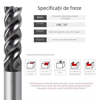 Freza de capăt din carbură pentru oțel inoxidabil, canelură în formă de U, patru muchii, prelucrare brută și finisare integrate, unealtă CNC dinamică