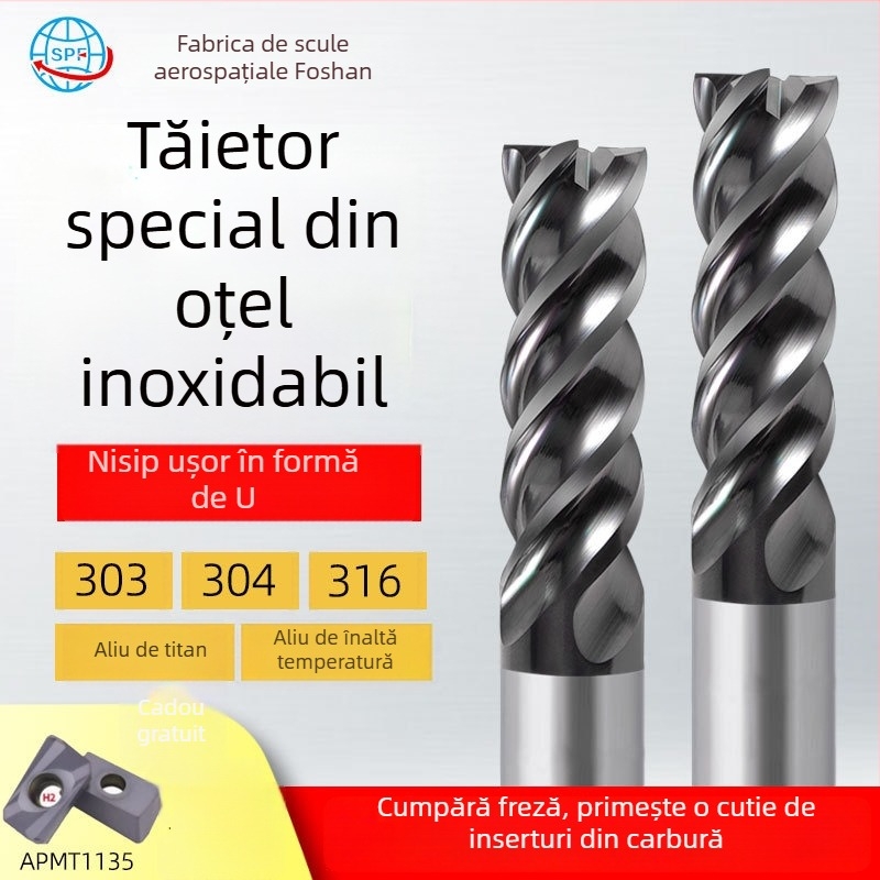 Freza de capăt din carbură pentru oțel inoxidabil, canelură în formă de U, patru muchii, prelucrare brută și finisare integrate, unealtă CNC dinamică