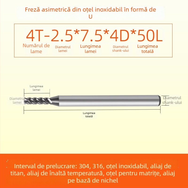 Freza de capăt din carbură pentru oțel inoxidabil, canelură în formă de U, patru muchii, prelucrare brută și finisare integrate, unealtă CNC dinamică