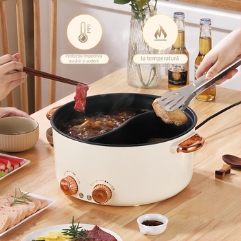 Hot pot electric antiaderent cu control independent al temperaturii, capacitate 4–5 L, corp din aluminiu, 220V, control cu buton rotativ, potrivit pentru 5–6 persoane