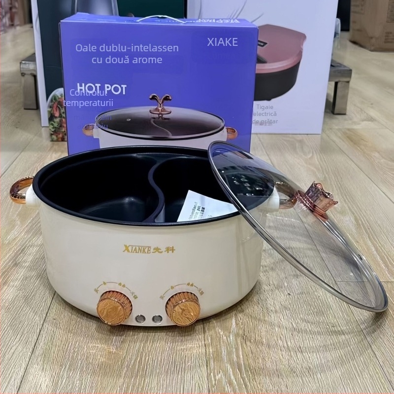 Hot pot electric antiaderent cu control independent al temperaturii, capacitate 4–5 L, corp din aluminiu, 220V, control cu buton rotativ, potrivit pentru 5–6 persoane