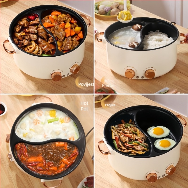 Hot pot electric antiaderent cu control independent al temperaturii, capacitate 4–5 L, corp din aluminiu, 220V, control cu buton rotativ, potrivit pentru 5–6 persoane