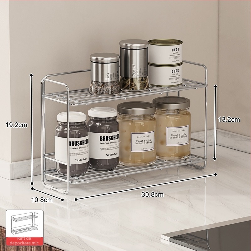 Raft de condimente din oțel inoxidabil 304 pentru colțul bucătăriei, organizator dublu nivel pe blat, fără găuri