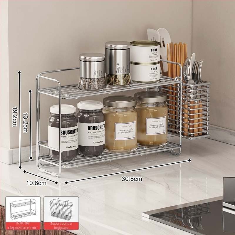 Raft de condimente din oțel inoxidabil 304 pentru colțul bucătăriei, organizator dublu nivel pe blat, fără găuri