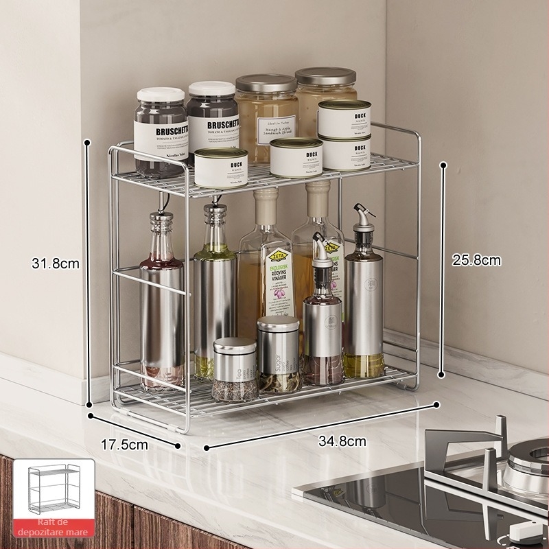 Raft de condimente din oțel inoxidabil 304 pentru colțul bucătăriei, organizator dublu nivel pe blat, fără găuri