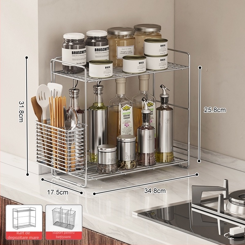 Raft de condimente din oțel inoxidabil 304 pentru colțul bucătăriei, organizator dublu nivel pe blat, fără găuri