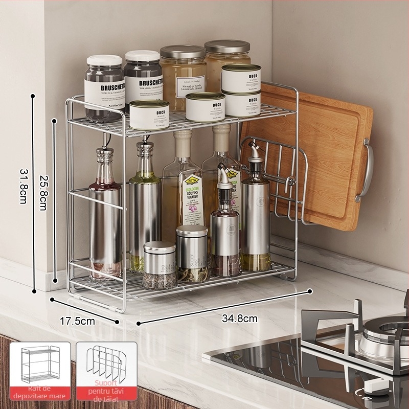 Raft de condimente din oțel inoxidabil 304 pentru colțul bucătăriei, organizator dublu nivel pe blat, fără găuri