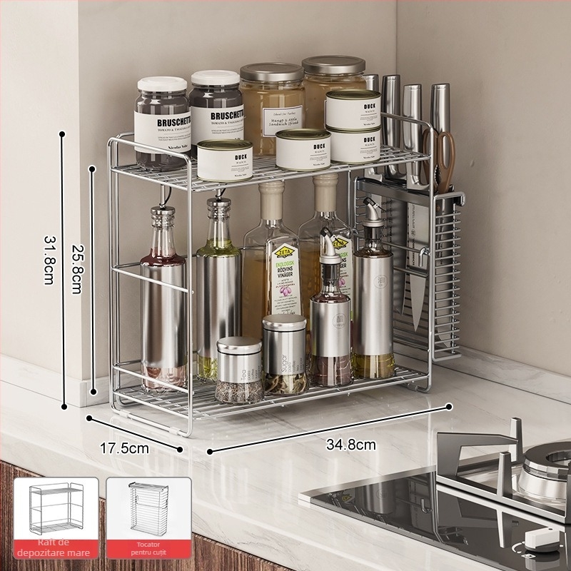 Raft de condimente din oțel inoxidabil 304 pentru colțul bucătăriei, organizator dublu nivel pe blat, fără găuri