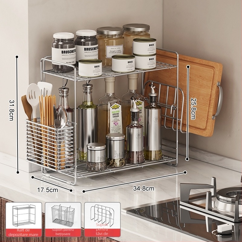 Raft de condimente din oțel inoxidabil 304 pentru colțul bucătăriei, organizator dublu nivel pe blat, fără găuri