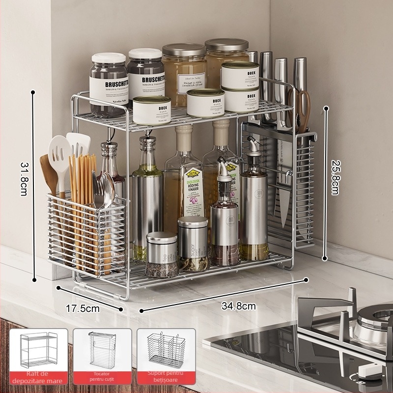 Raft de condimente din oțel inoxidabil 304 pentru colțul bucătăriei, organizator dublu nivel pe blat, fără găuri