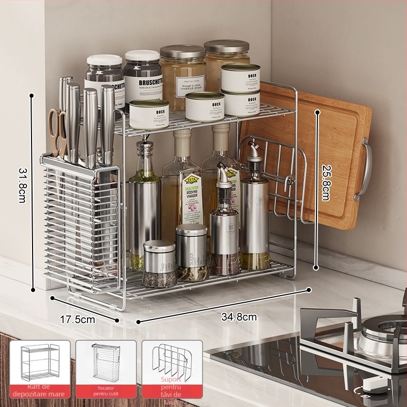 Raft de condimente din oțel inoxidabil 304 pentru colțul bucătăriei, organizator dublu nivel pe blat, fără găuri