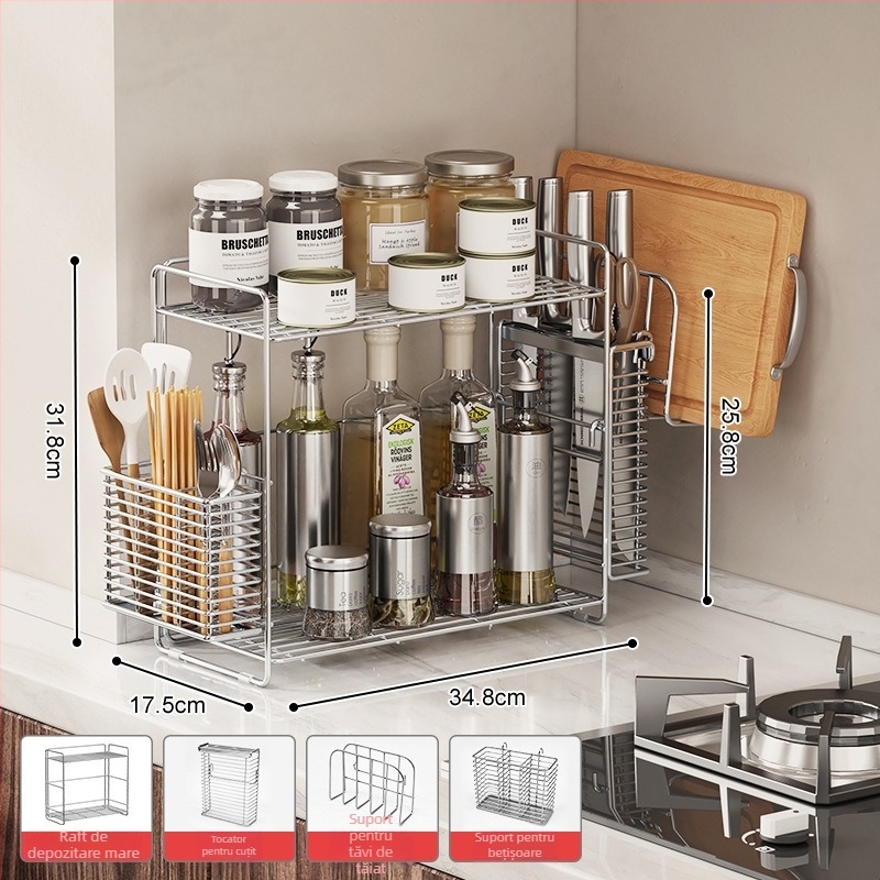 Raft de condimente din oțel inoxidabil 304 pentru colțul bucătăriei, organizator dublu nivel pe blat, fără găuri