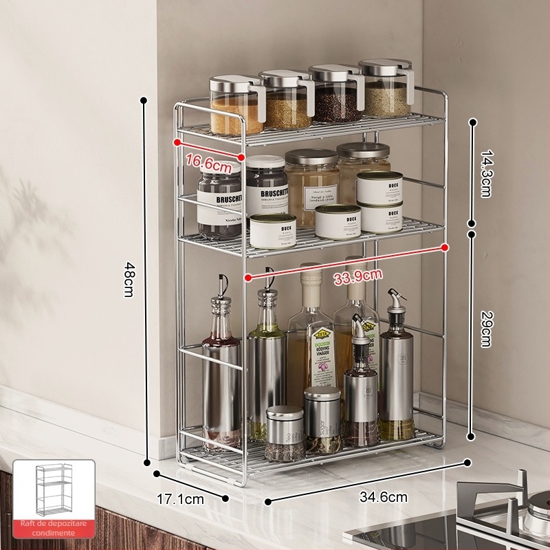 Raft de condimente din oțel inoxidabil 304 pentru colțul bucătăriei, organizator dublu nivel pe blat, fără găuri