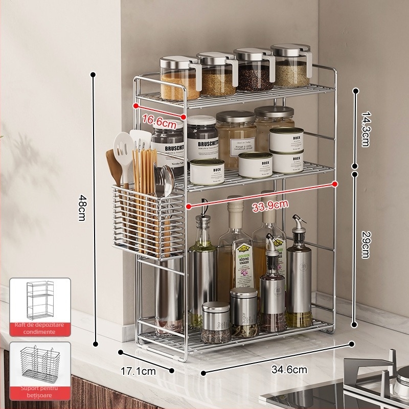 Raft de condimente din oțel inoxidabil 304 pentru colțul bucătăriei, organizator dublu nivel pe blat, fără găuri