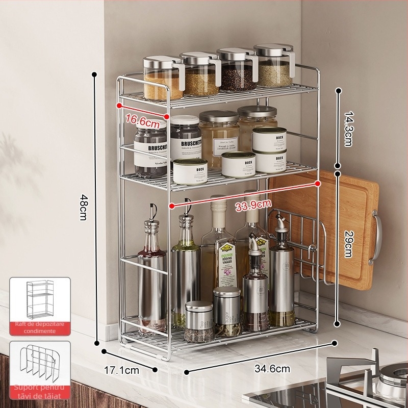 Raft de condimente din oțel inoxidabil 304 pentru colțul bucătăriei, organizator dublu nivel pe blat, fără găuri