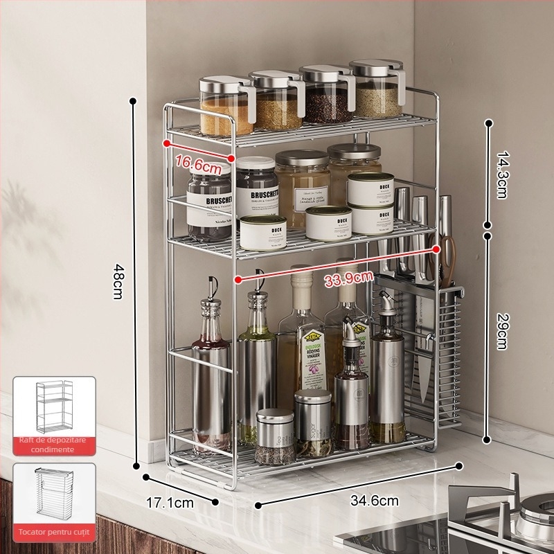 Raft de condimente din oțel inoxidabil 304 pentru colțul bucătăriei, organizator dublu nivel pe blat, fără găuri