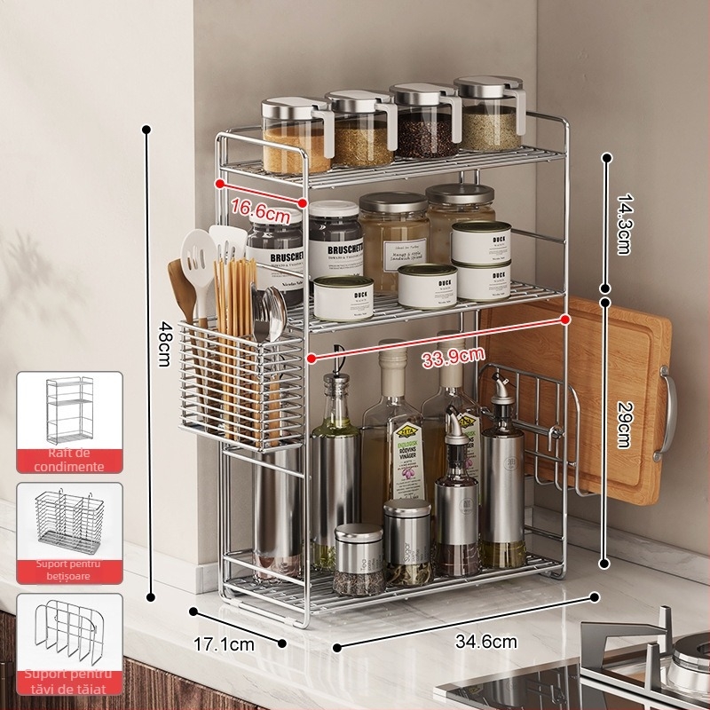 Raft de condimente din oțel inoxidabil 304 pentru colțul bucătăriei, organizator dublu nivel pe blat, fără găuri