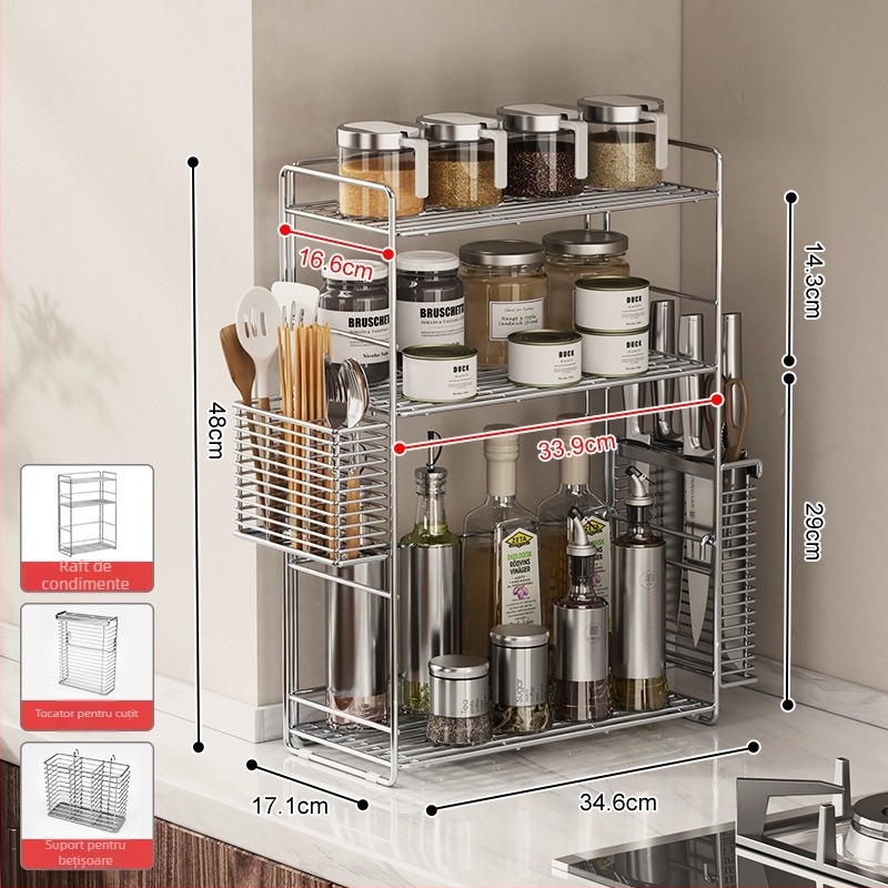 Raft de condimente din oțel inoxidabil 304 pentru colțul bucătăriei, organizator dublu nivel pe blat, fără găuri