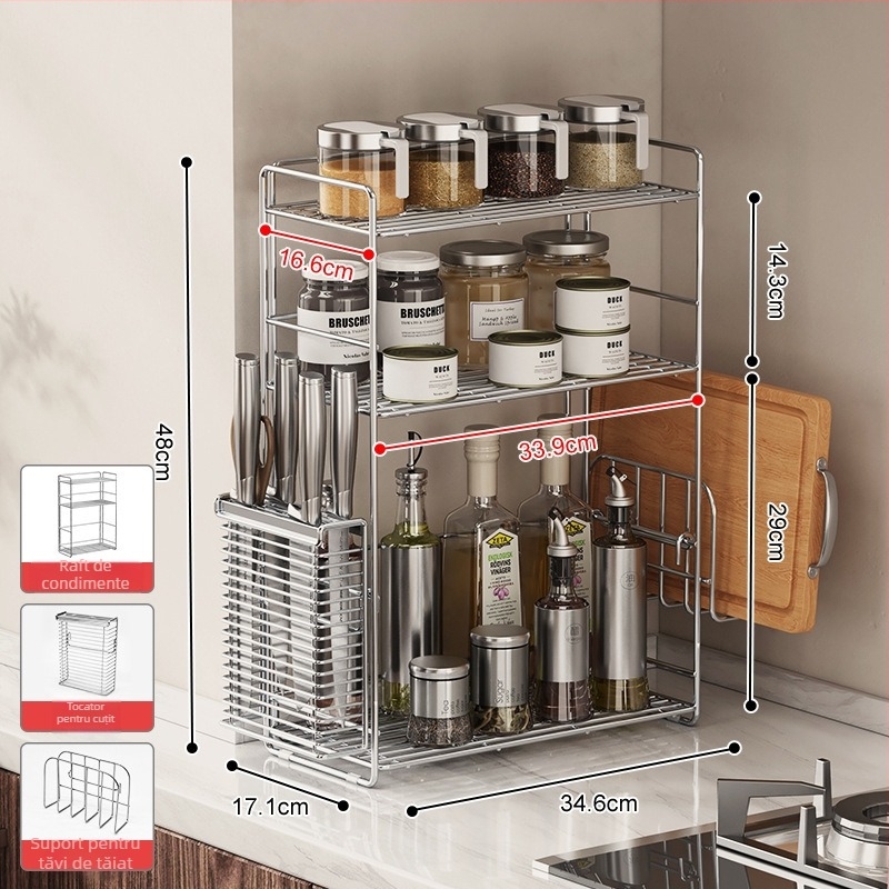 Raft de condimente din oțel inoxidabil 304 pentru colțul bucătăriei, organizator dublu nivel pe blat, fără găuri