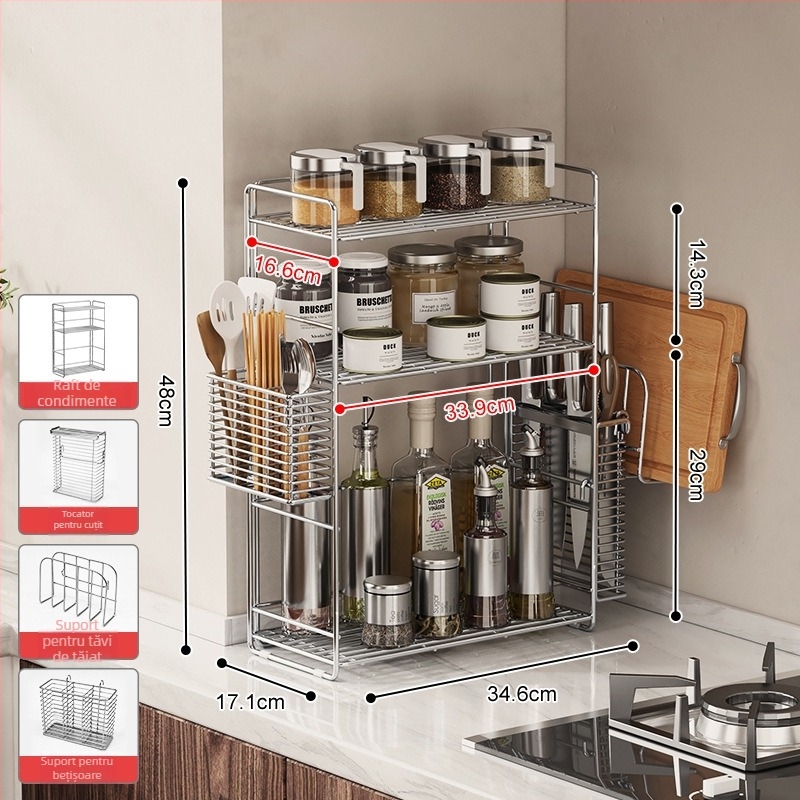 Raft de condimente din oțel inoxidabil 304 pentru colțul bucătăriei, organizator dublu nivel pe blat, fără găuri