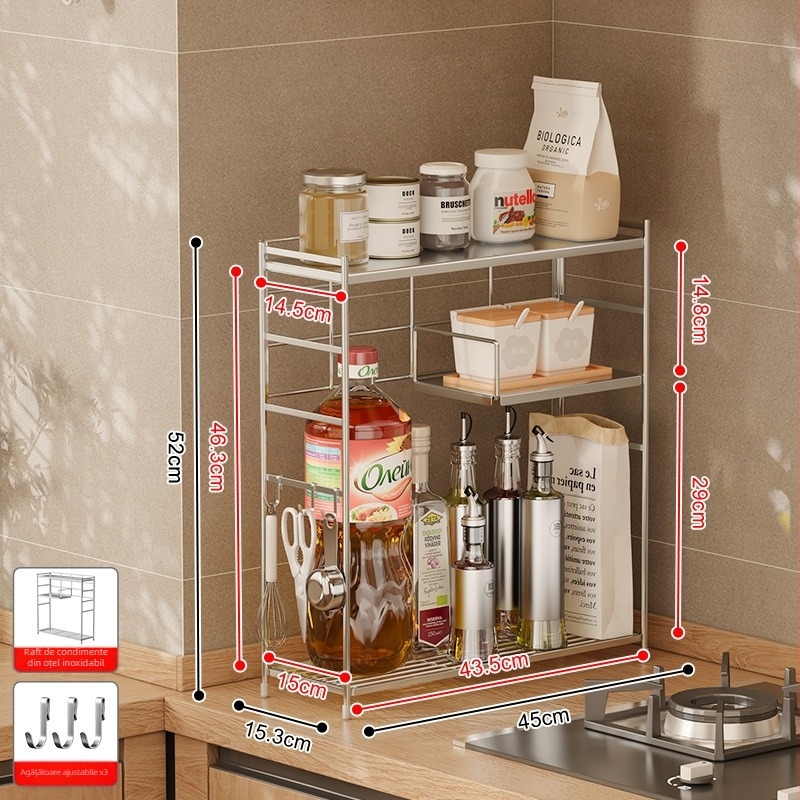 Raft de condimente din oțel inoxidabil 304 pentru colțul bucătăriei, organizator dublu nivel pe blat, fără găuri