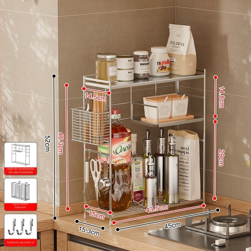 Raft de condimente din oțel inoxidabil 304 pentru colțul bucătăriei, organizator dublu nivel pe blat, fără găuri