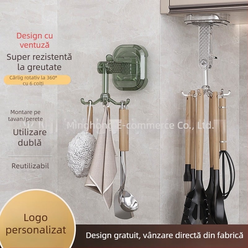 Cuier de perete cu ventuză rotativ, fără găuri, cu șase cârlige pentru bucătărie și baie