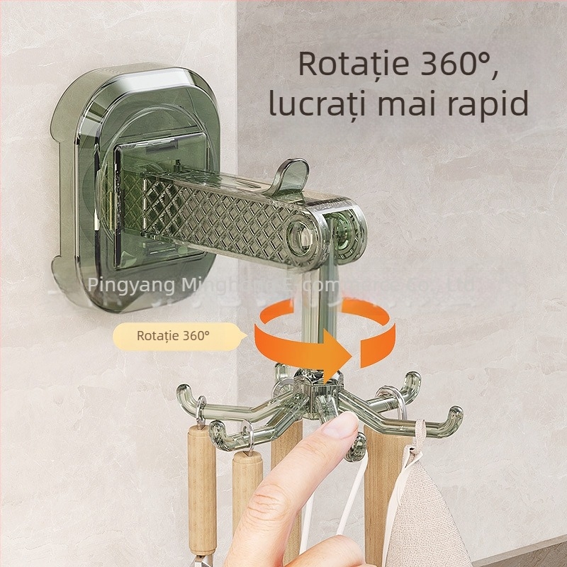 Cuier de perete cu ventuză rotativ, fără găuri, cu șase cârlige pentru bucătărie și baie