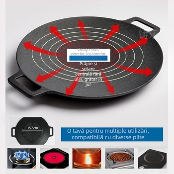 Placă grill din fontă rotundă, pentru exterior, stil coreean de grătar, fără strat, greutate 2,3 kg