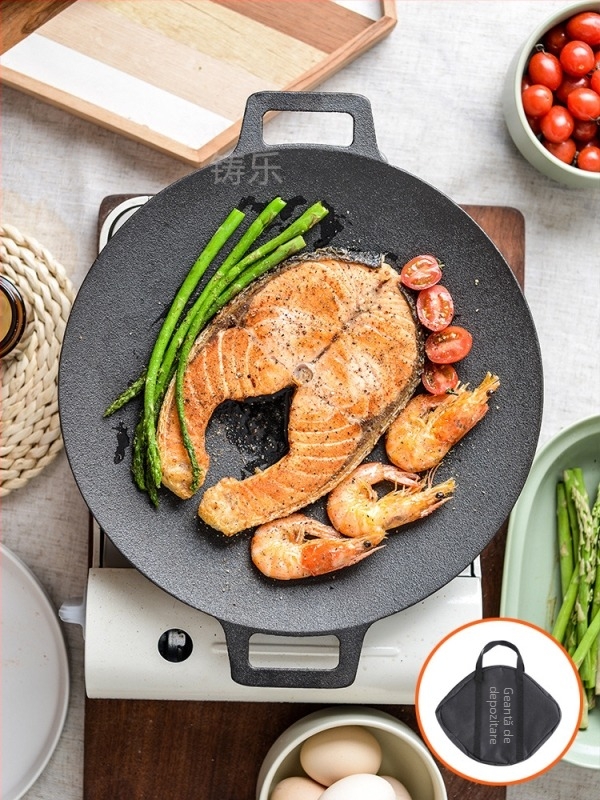 Placă grill din fontă rotundă, pentru exterior, stil coreean de grătar, fără strat, greutate 2,3 kg