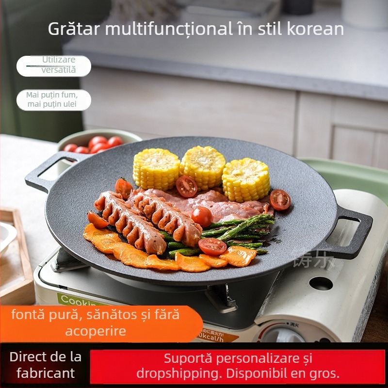Placă grill din fontă rotundă, pentru exterior, stil coreean de grătar, fără strat, greutate 2,3 kg