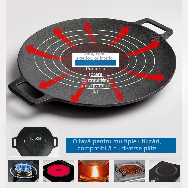 Placă grill din fontă rotundă, pentru exterior, stil coreean de grătar, fără strat, greutate 2,3 kg