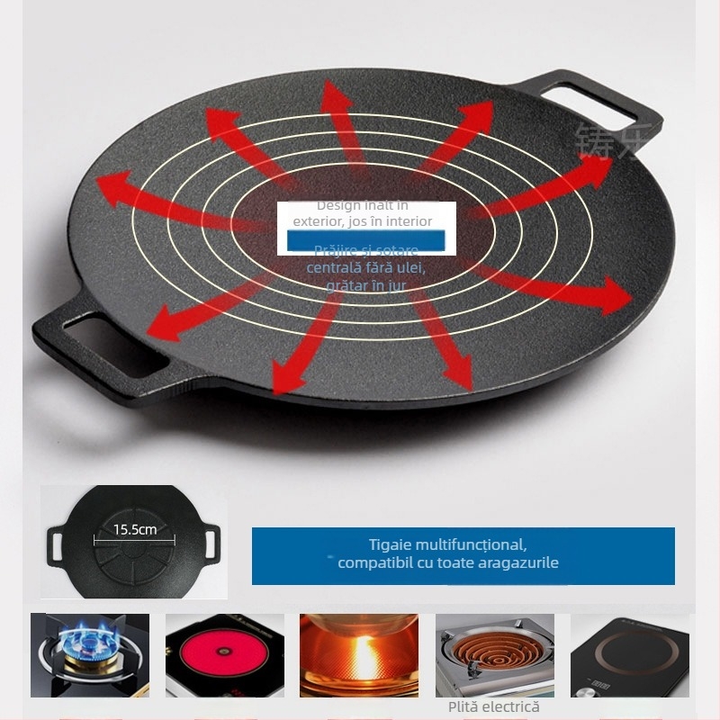 Placă grill din fontă rotundă, pentru exterior, stil coreean de grătar, fără strat, greutate 2,3 kg