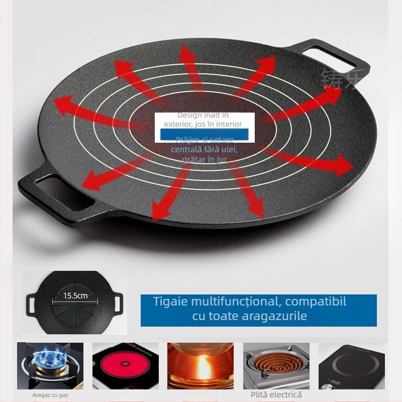 Placă grill din fontă rotundă, pentru exterior, stil coreean de grătar, fără strat, greutate 2,3 kg