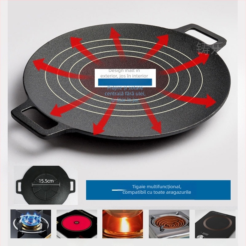 Placă grill din fontă rotundă, pentru exterior, stil coreean de grătar, fără strat, greutate 2,3 kg
