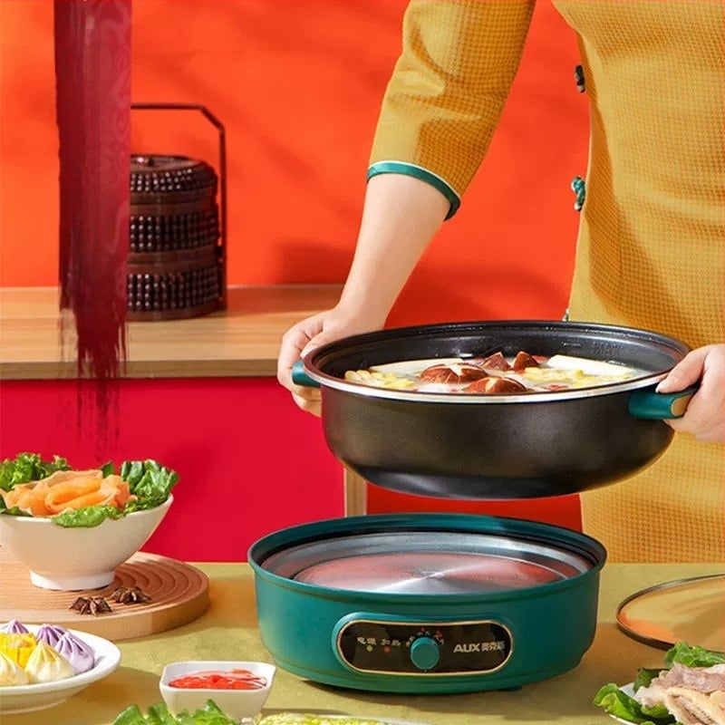 Aux Oală electrică cu design divizat, 4–5 L capacitate, 1200–1500 W, vas interior din aliaj, Funcție anti-uscare, Potrivită pentru 5–6 porții