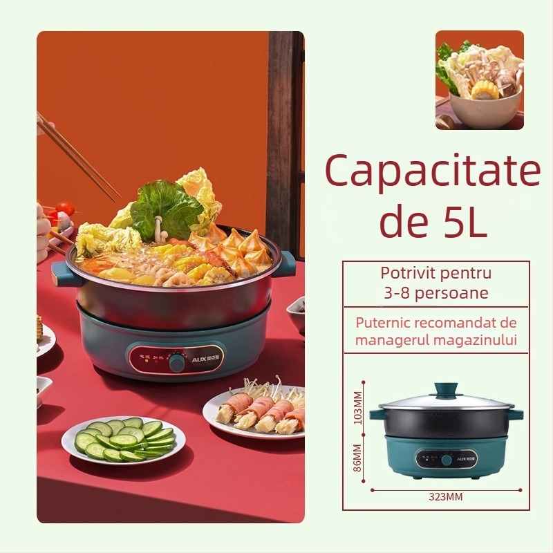 Aux Oală electrică cu design divizat, 4–5 L capacitate, 1200–1500 W, vas interior din aliaj, Funcție anti-uscare, Potrivită pentru 5–6 porții