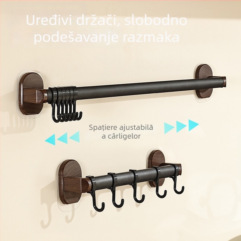 Raft de bucătărie montat pe perete, fără găuri, cu 4–8 cârlige, din plastic, capacitate 1–3 kg