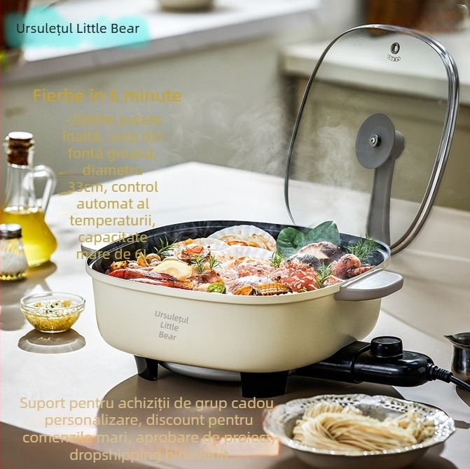 Little Bear oală electrică pentru gătit, capacitate 6 L, 1500 W, vas interior din turnare sub presiune, temperatură reglabilă și protecție împotriva uscării