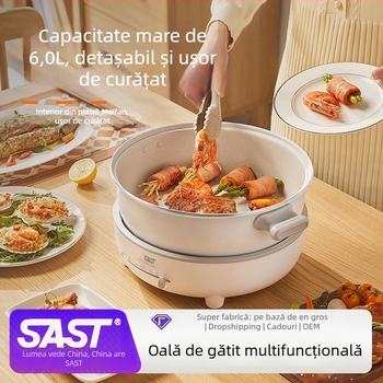 SAST Oală electrică detașabilă, multifuncțională, cu vas interior din piatră Maifan, 6 L, 1200–1500 W, funcții: prăjit, fiert, sotare, fiert la aburi, hot pot