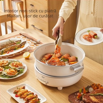 SAST Oală electrică detașabilă, multifuncțională, cu vas interior din piatră Maifan, 6 L, 1200–1500 W, funcții: prăjit, fiert, sotare, fiert la aburi, hot pot