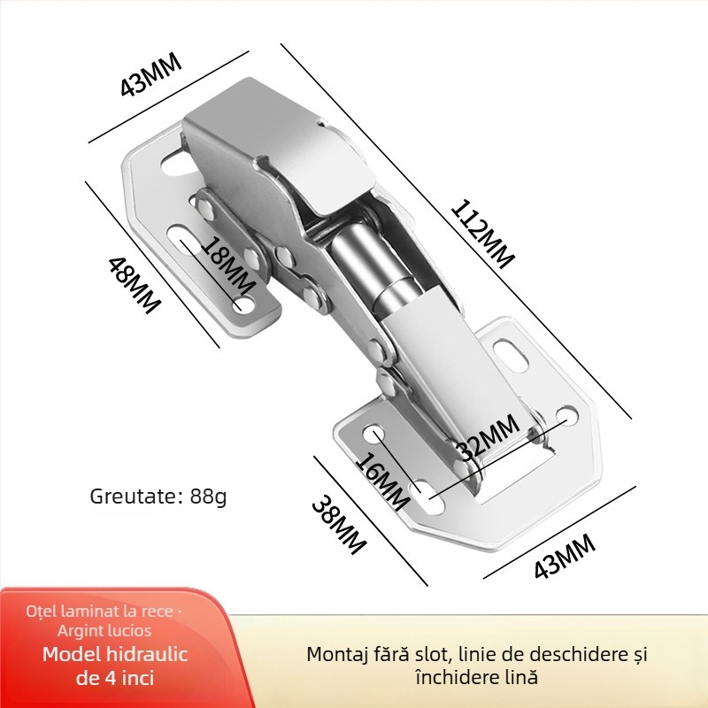 Bridge frog hinge, funcționare hidraulică silențioasă, montaj deschis, oțel laminat la rece, placare electroplatină