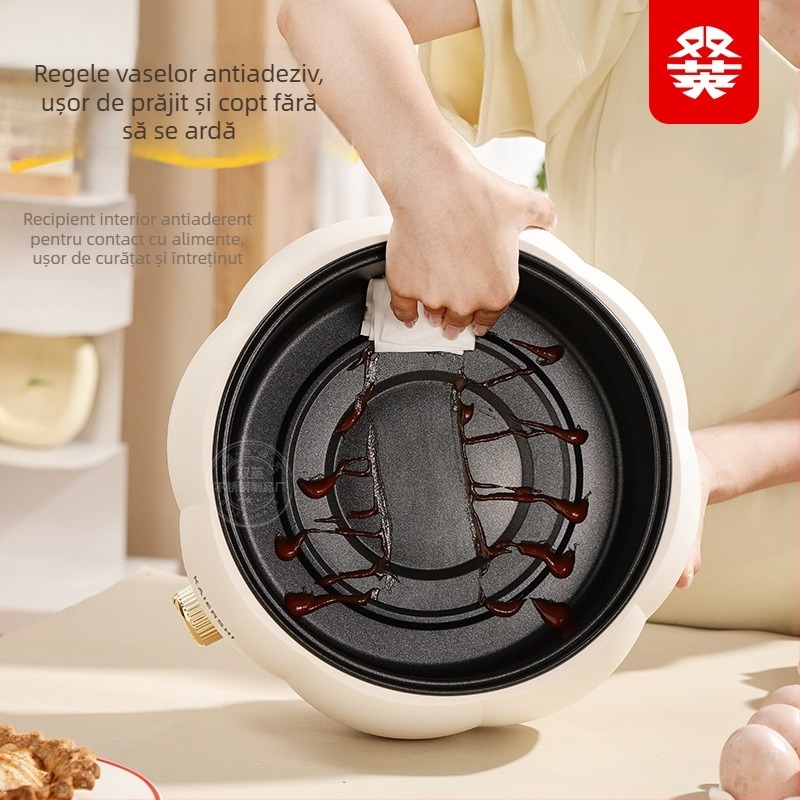 Oală electrică multifuncțională, 3–4 L, 1200–1500 W, vas interior cu strat antiaderent, reglaj de temperatură, control prin buton rotativ, funcții multiple (sote, prăjit, fierbere, hot pot)