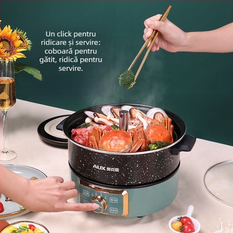 Oală electrică cu înălțime reglabilă, 5 L, 1600 W, multifuncțională (aburi, fierbere, sotare, prăjire), corp metalic