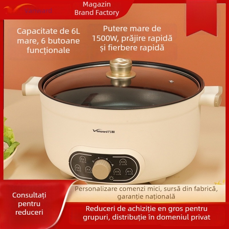 Oală electrică cu interior antiaderent, 1350-2000W, capacitate mare 6L+, control temperatură, multifuncțională: aburi, prăjit, gătit, fierbere