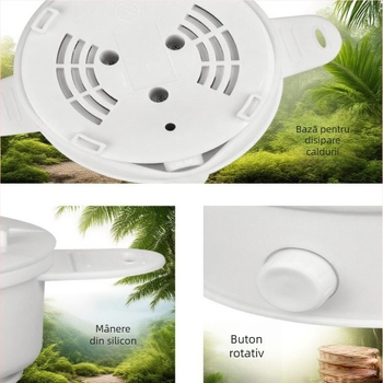 Oală electrică pliabilă, 1–2 L, până la 800 W, vas interior din oțel inoxidabil, reglare temperatură cu protecție la uscare.